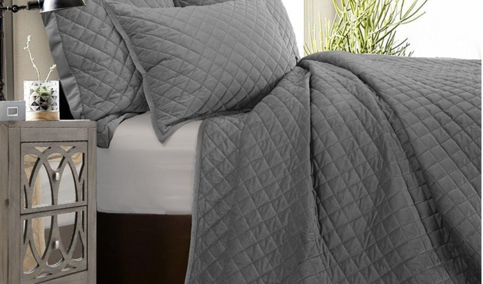 Velvet Diamond Quilt Set, King - Gray 3pcs