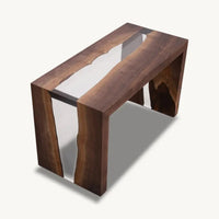 CUSTOM - Walnut Epoxy Bench - Side Table, Waterfall Legs, Transparent Epoxy