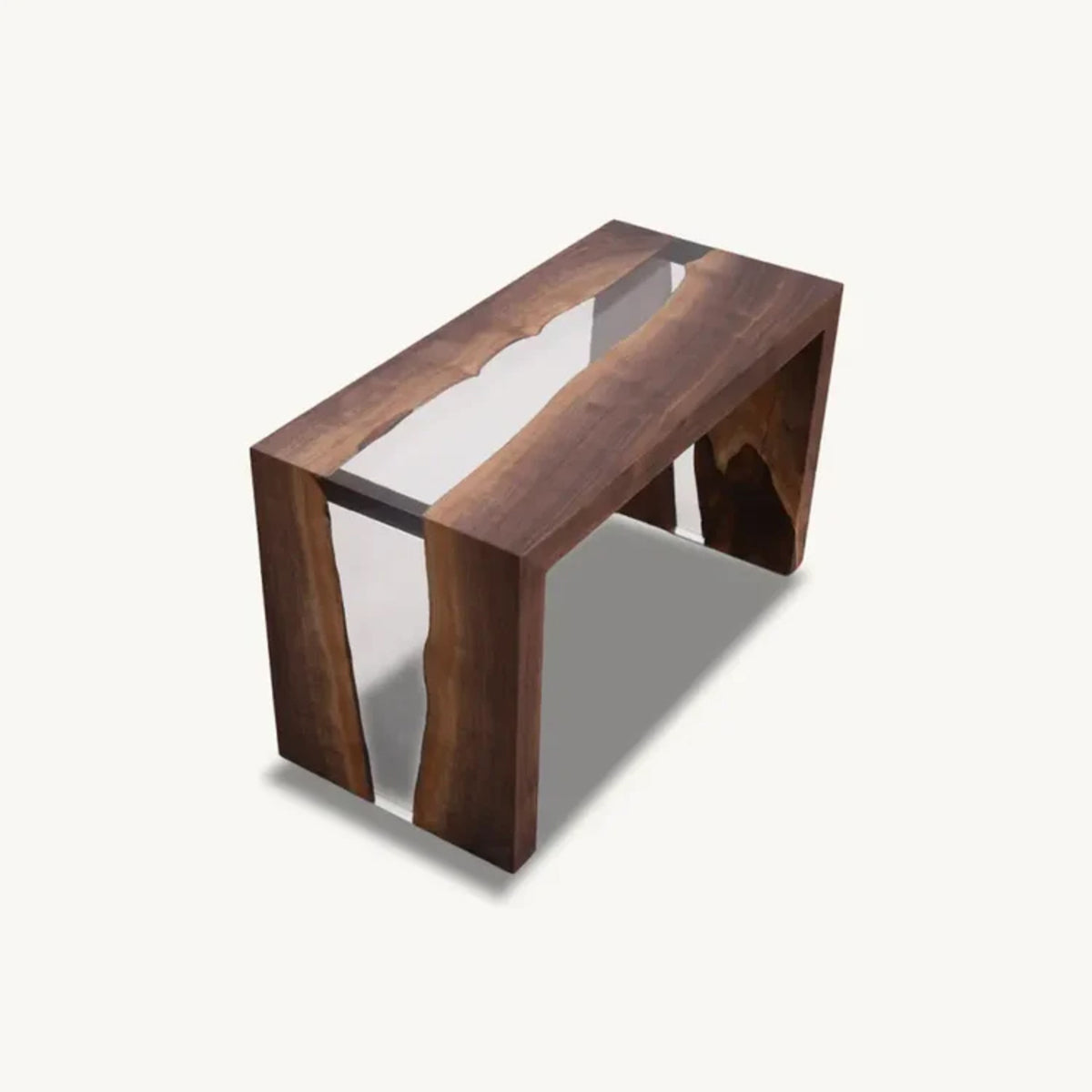 Walnut Epoxy Bench - Side Table, Waterfall Legs, Transparent Epoxy